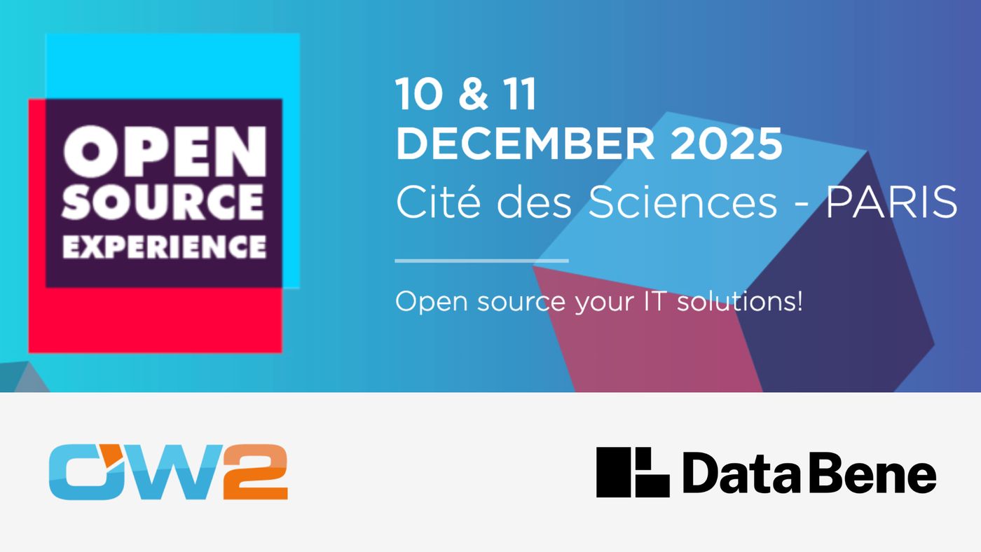 The conference logo for Open Source Experience, accompanied by the text '10 & 11 DECEMBER 2025 / Cité des Sciences - PARIS / Open source your IT solutions!'. Underneath, the logos for OW2 and Data Bene are shown.