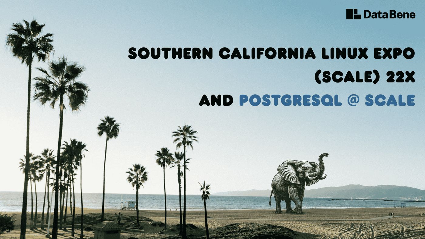The text 'Southern California Linux Expo (SCaLE) 22x and PostgreSQL @ SCaLE' on a background showing palm trees, the beach, and an elephant walking along the shore.